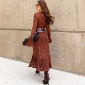 Maxi Cardigan Tricot Longo com Botões e Manga Flare - Bege Claro