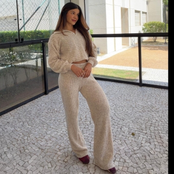 Conjunto Tricot Mousse Blusa Gola Polo Botões e Calça