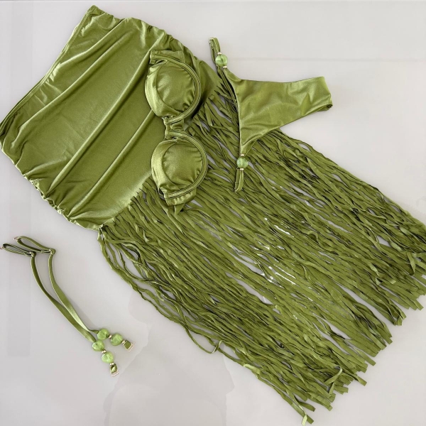 Triquini Saia Franja Longa Top E Calcinha Com Pedraria - Verde