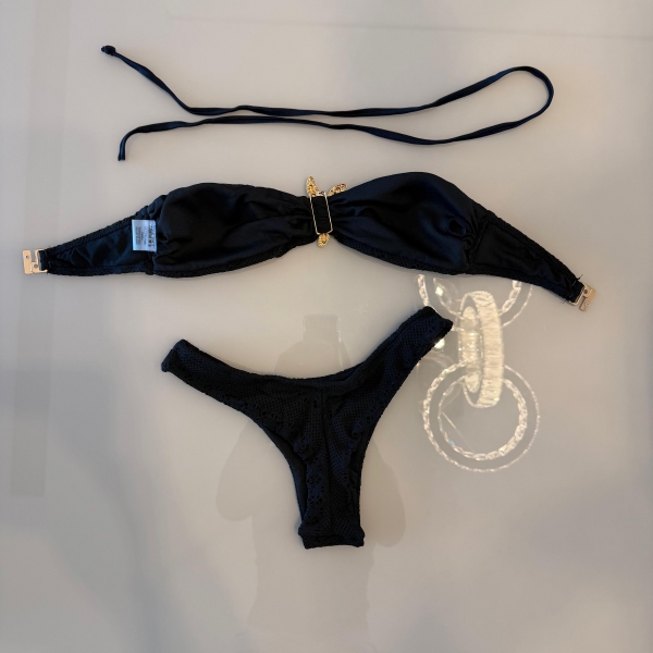 Conjunto De Biquini 3 Peças Em Renda + Saia Com Franja - Preto