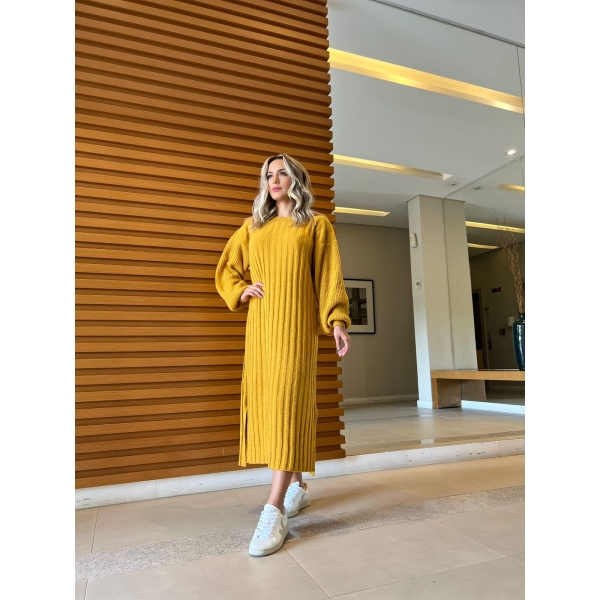 Vestido De Tricot Midi Elaine Com Fenda - Mostarda
