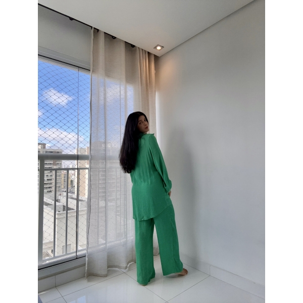 Blusa E Calça Em Tecido Leve  Saída De Praia Lisa - Verde-Bandeira