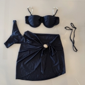 Kit 3 Pçs Biquíni Feminino + Pareô Alças Removíveis Pérolas - Preto