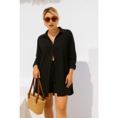 Conjunto Saída De Praia Viscolinho Blusa Manga Longa + Sh - Preto