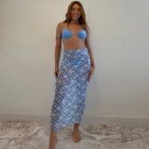 Kit Biquini e Saída Estampa Gráfica Detalhe Metal No Top - Azul