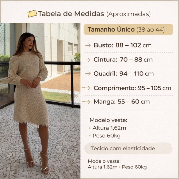Vestido Tricot Mousse Feminino com Renda – Manga Longa - Mescla