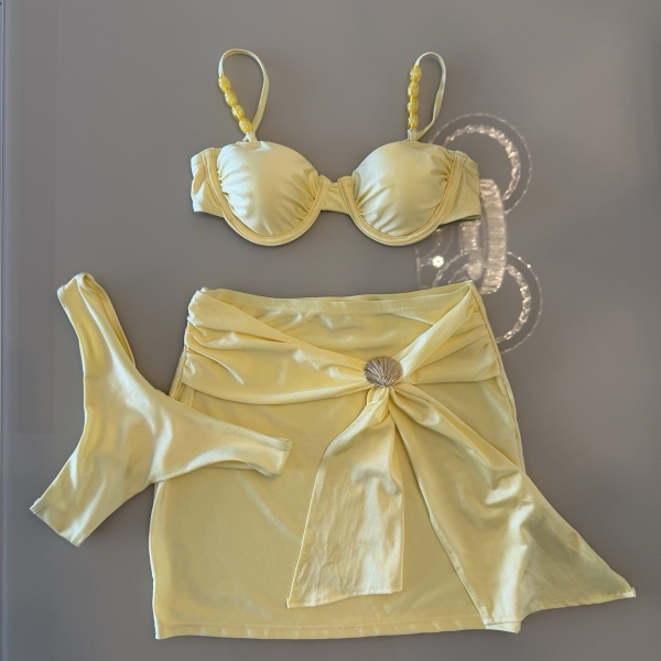 Trijunto Biquíni Asa Delta Detalhes Nas Alças Concha Na Saia - Amarelo