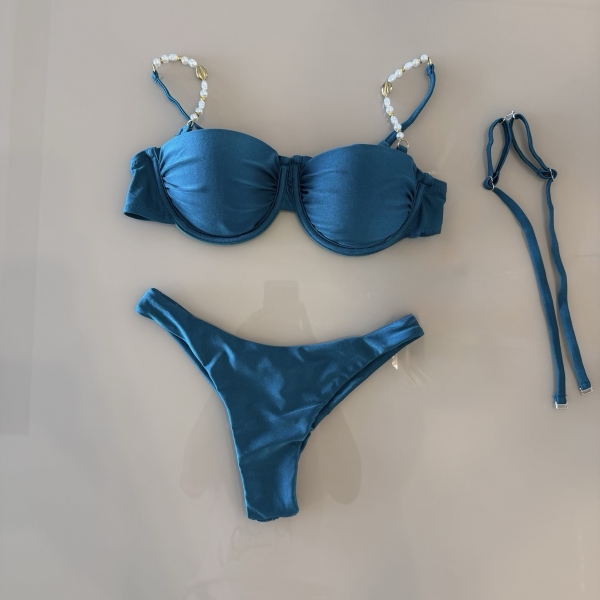 Kit 3 Pçs Biquíni Feminino + Pareô Alças Removíveis Pérolas - Azul