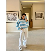 Cropedd De Tricot Ponto Grosso Listrado - Azul e Branco
