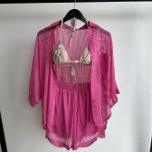 Cj Saída De Praia De Renda Blusa Manga 3/4 e Short - Pink