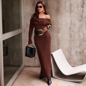 Vestido Modal Canelado Ombro a Ombro Midi com Manga Longa - Marrom
