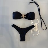 Conjunto De Biquini 3 Peças Em Renda + Saia Com Franja - Preto