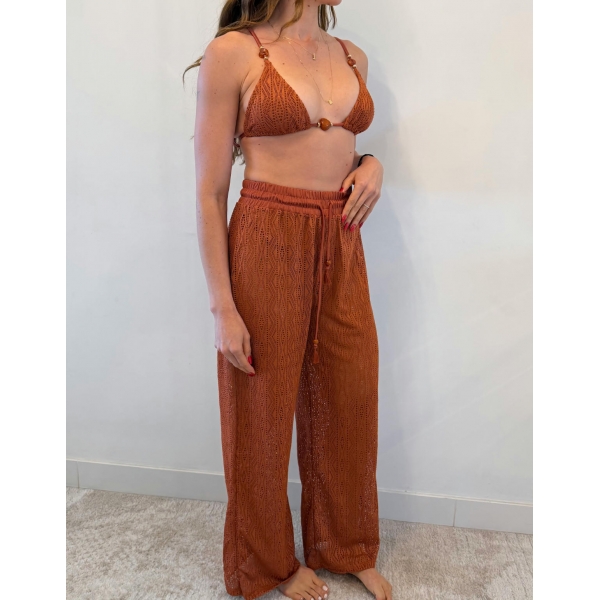 Conjunto Triquíni Cortininha Com Calça Pantalona 3 Peças - Terracota