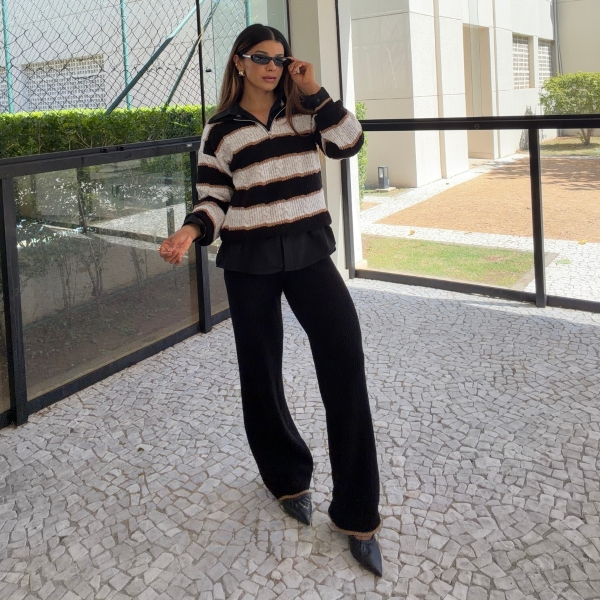 Conjunto Tricot Feminino Blusa Polo Listrada Zíper e Calça - Preto