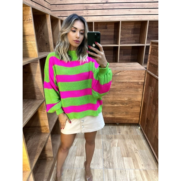 Blusão De Tricot Listras Colorida - Verde e Rosa