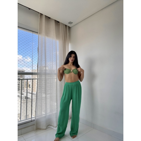 Blusa E Calça Em Tecido Leve  Saída De Praia Lisa - Verde-Bandeira