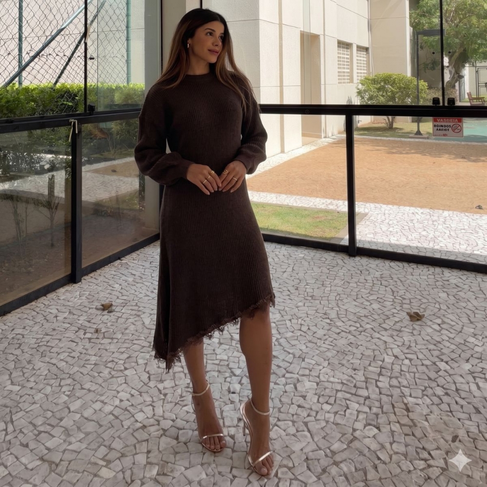 Vestido Tricot Mousse Feminino com Renda – Manga Longa - Marrom Escuro