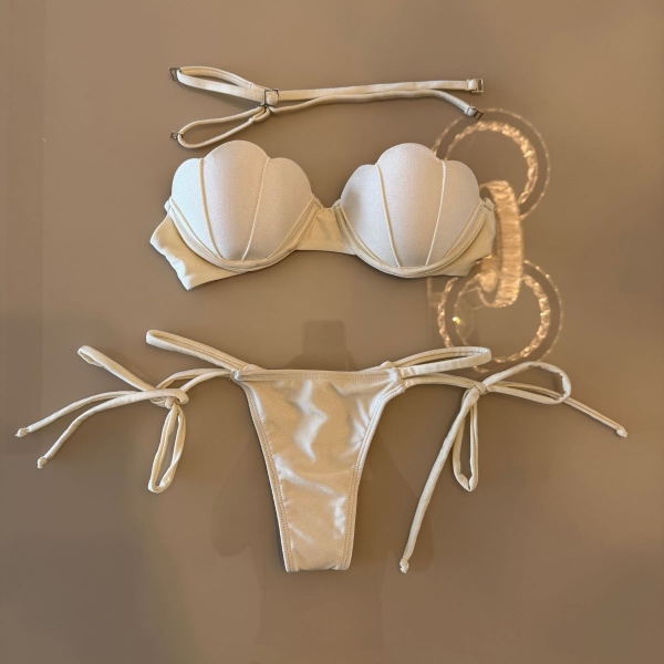 Biquíni Top Concha Calcinha Fio Duplo Com Amarrações - Off White