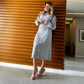 Vestido De Tricot Mousse Midi Forma Geométrica Corrente Nas Mangas - Cinza claro