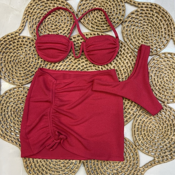 Kit 03 Itens Biq Aro V Canelado Calcinha Asa Delta e Saia - Vermelho