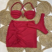 Kit 03 Itens Biq Aro V Canelado Calcinha Asa Delta e Saia - Vermelho