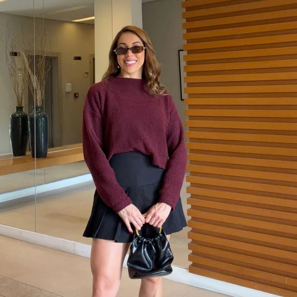 Blusa Cropped Mousse Feminina Elly Modas Manga Longa Inverno - vinho