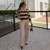 Conjunto Tricot Feminino Blusa Polo Listrada Zíper e Calça - Areia