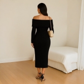 Vestido Modal Canelado Ombro a Ombro Midi com Manga Longa - Preto