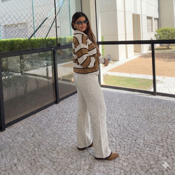 Conjunto Tricot Feminino Blusa Polo Listrada Zíper e Calça - Mescla