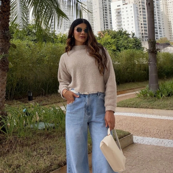 Blusa Cropped Mousse Feminina Elly Modas Manga Longa Inverno - Bege