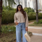 Blusa Cropped Mousse Feminina Elly Modas Manga Longa Inverno - Bege