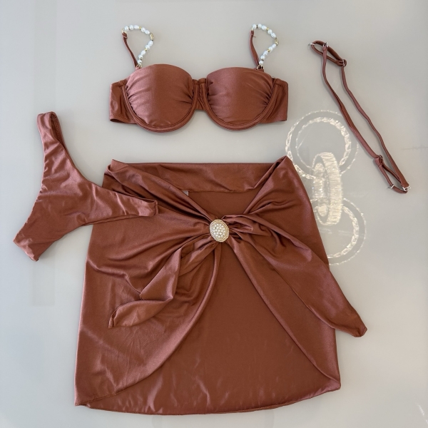 Kit 3 Pçs Biquíni Feminino + Pareô Alças Removíveis Pérolas - Marrom Café