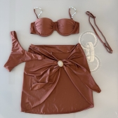 Kit 3 Pçs Biquíni Feminino + Pareô Alças Removíveis Pérolas - Marrom Café