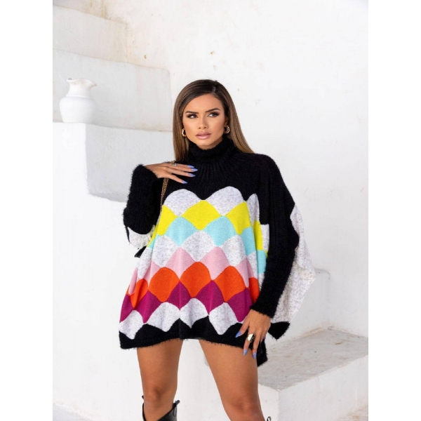 Poncho Feminino Tricot Colorido Estilo Oversized Gola Alta - Multicolorido