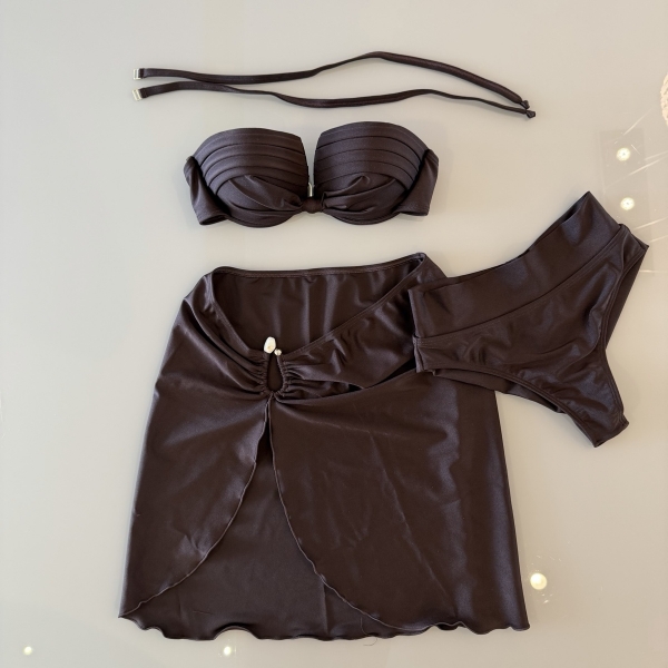Kit 3 Itens Biquini Cintura Alta Top 2 Em 1 Bojo Estruturado - Marrom