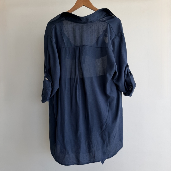 Conj Saída De Praia Chemise Manga Longa E Saia Franja Resort - Azul Marinho