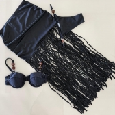 Triquini Saia Franja Longa Top E Calcinha Com Pedraria - Preto