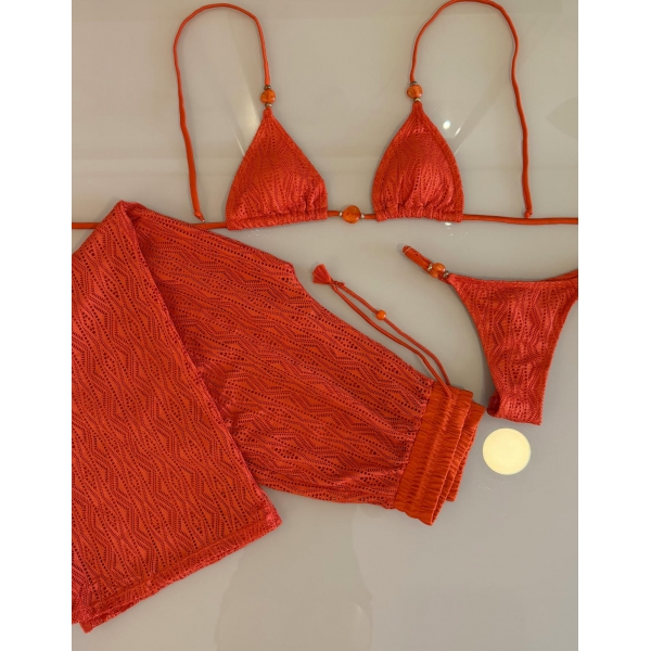 Conjunto Triquíni Cortininha Com Calça Pantalona 3 Peças - Laranja-escuro