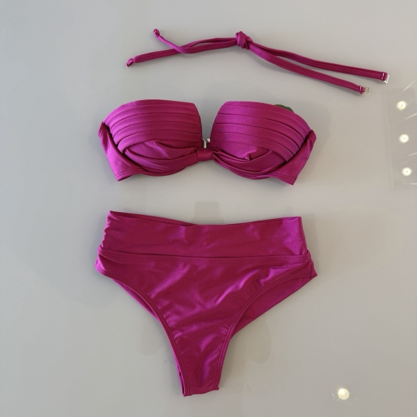 Kit 3 Itens Biquini Cintura Alta Top 2 Em 1 Bojo Estruturado - Fúscia