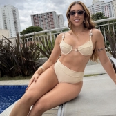 Biquíni Meia Taça Cintura Alta Com Pedraria Nas Alças - Champagne