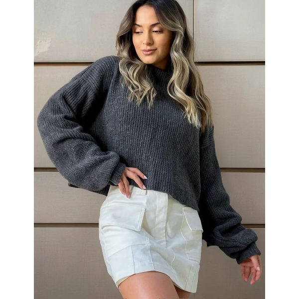 Blusa Cropped Mousse Feminina Elly Modas Manga Longa Inverno - Grafite