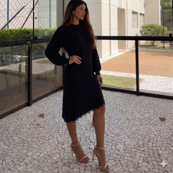Vestido Tricot Mousse Feminino com Renda – Manga Longa - Preto