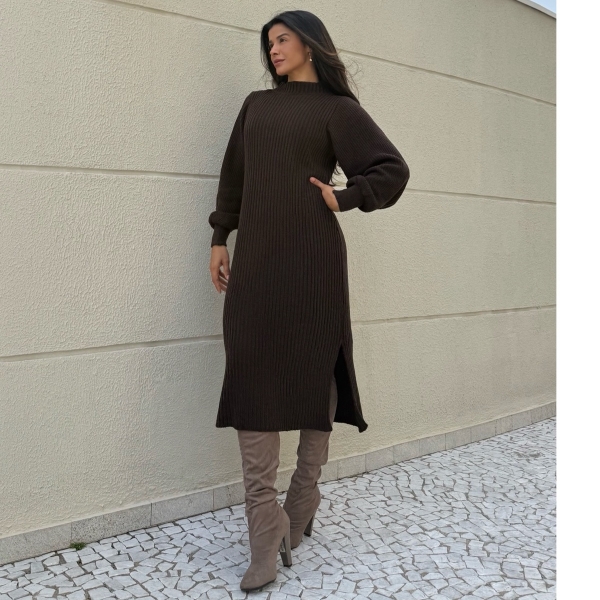 Vestido De Tricot Graça Canelado Midi Com Fendas - Marrom Café