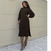 Vestido De Tricot Graça Canelado Midi Com Fendas - Marrom Café