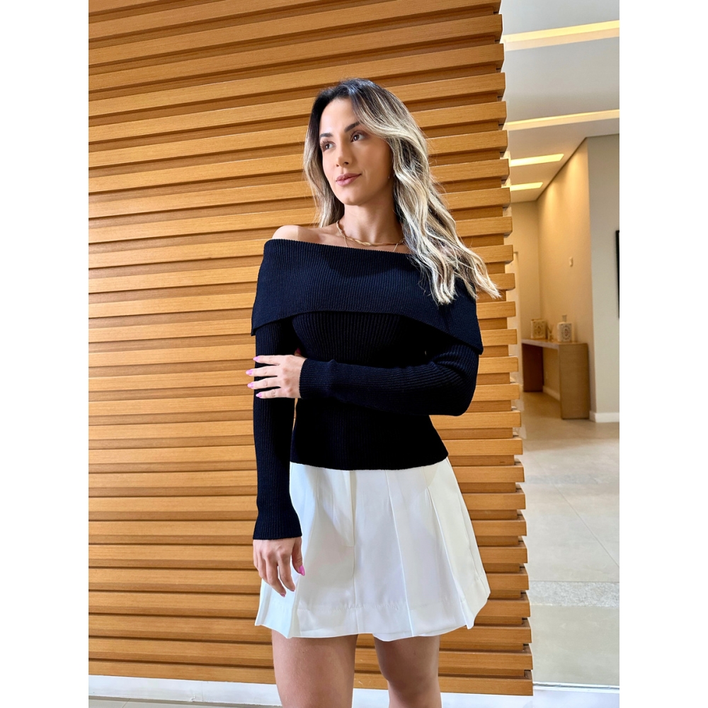 Blusa Tricot Modal Com Decote Ombro A Ombro - Preto