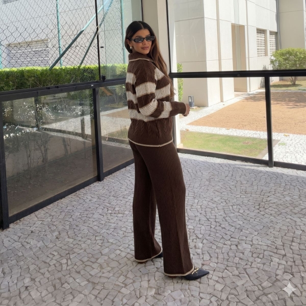 Conjunto Tricot Feminino Blusa Polo Listrada Zíper e Calça - Marrom