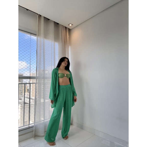 Blusa E Calça Em Tecido Leve  Saída De Praia Lisa - Verde-Bandeira