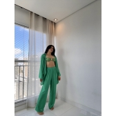 Blusa E Calça Em Tecido Leve  Saída De Praia Lisa - Verde-Bandeira