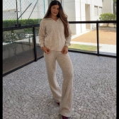 Conjunto Tricot Mousse Blusa Gola Polo Botões e Calça - Areia