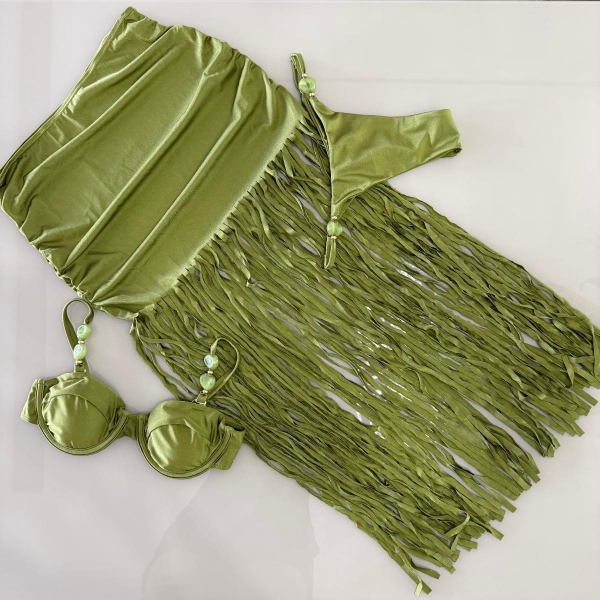 Triquini Saia Franja Longa Top E Calcinha Com Pedraria - Verde